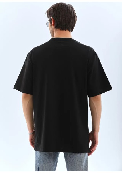 Unisex Oversize Taşlı Bisiklet Yaka T-Shirt - Siyah fiyatları