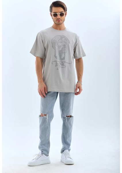 Unisex Oversize Taşlı Bisiklet Yaka T-Shirt - Gri