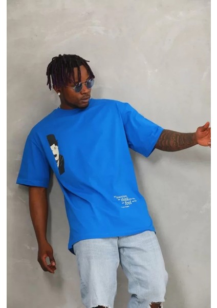 Unisex Oversize Baskılı Bisiklet Yaka T-Shirt - Mavi fiyatları