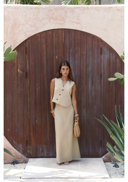 Elod Düğme Detay Haki Keten Yelek fiyatları