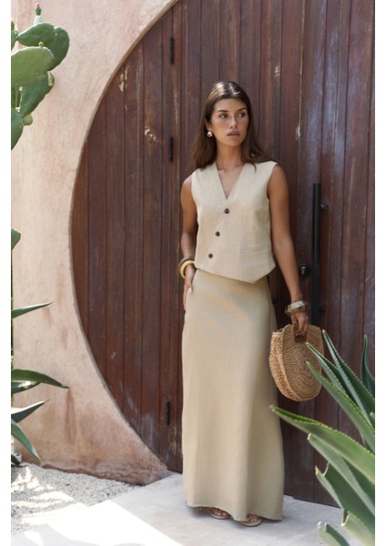 Elod Düğme Detay Haki Keten Yelek modelleri