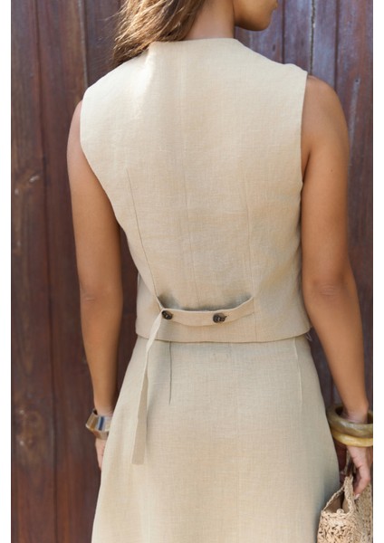 Elod Düğme Detay Haki Keten Yelek indirimleri