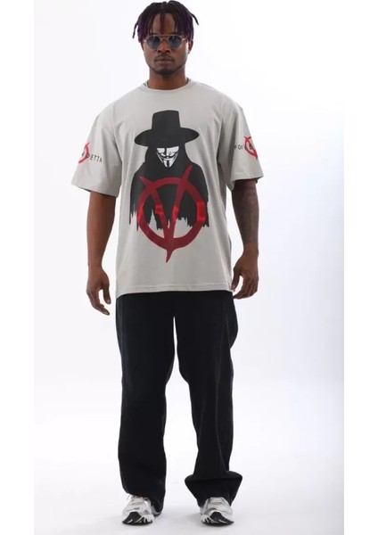 Unisex Oversize Baskılı Bisiklet Yaka T-Shirt - Gri
