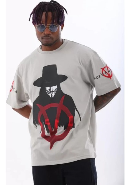 Unisex Oversize Baskılı Bisiklet Yaka T-Shirt - Gri fiyatları