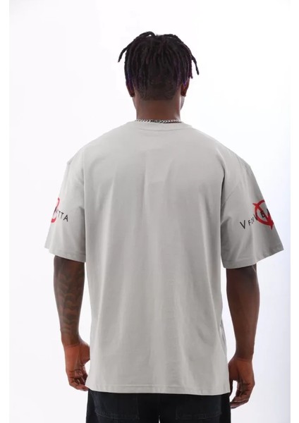 Unisex Oversize Baskılı Bisiklet Yaka T-Shirt - Gri fırsatları