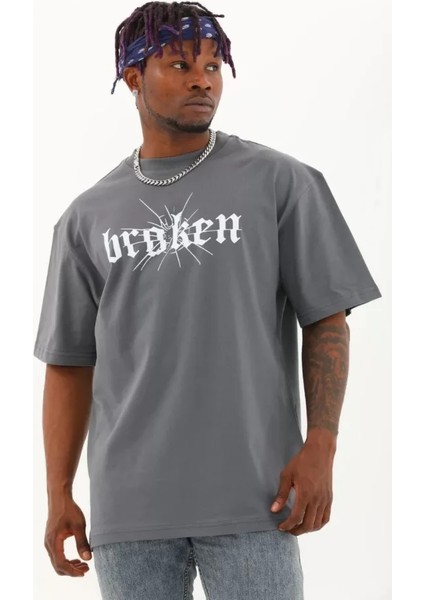 Unisex Oversize Baskılı Bisiklet Yaka T-Shirt - Füme