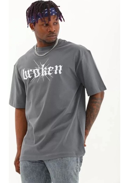 Unisex Oversize Baskılı Bisiklet Yaka T-Shirt - Füme fiyatları