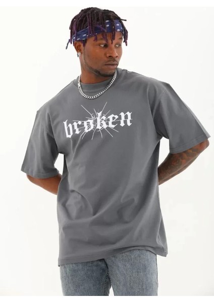 Unisex Oversize Baskılı Bisiklet Yaka T-Shirt - Füme modelleri