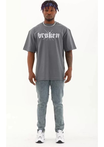 Unisex Oversize Baskılı Bisiklet Yaka T-Shirt - Füme fırsatları