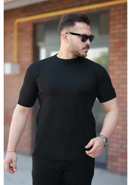 Erkek Bisiklet Yaka Örgü Desenli Kısa Örme Triko Kısa Kollu T-Shirt