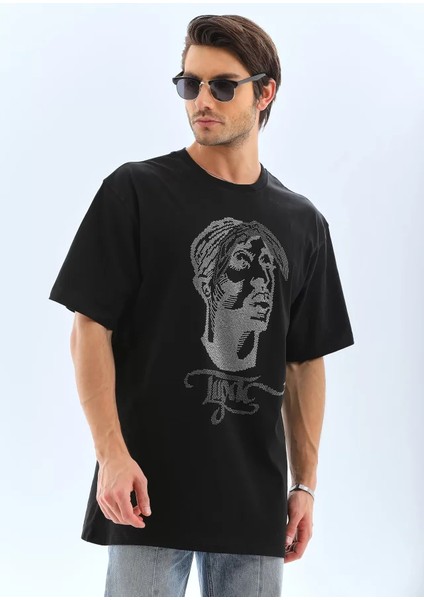 Unisex Oversize Taşlı Bisiklet Yaka T-Shirt - Siyah fırsatları