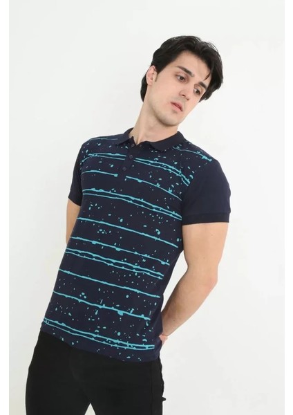Erkek Yakalı Slim Fit Pike Çizgili T-Shirt - Lacivert fiyatları