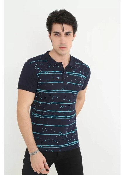 Erkek Yakalı Slim Fit Pike Çizgili T-Shirt - Lacivert