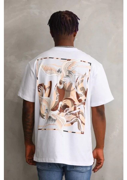 Unisex Baskılı Oversize T-Shirt - Beyaz fiyatları