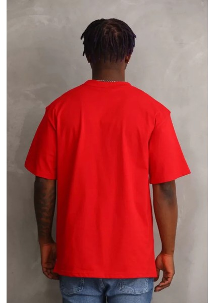 Unisex Baskılı Oversize T-Shirt - Kırmızı