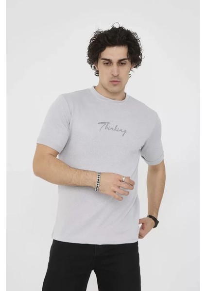 Unisex Bisiklet Yaka Slim Fit T-Shirt- Boyalı Gri fiyatları