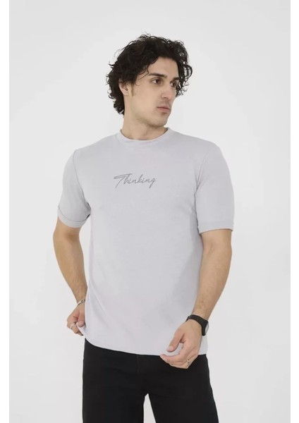 Unisex Bisiklet Yaka Slim Fit T-Shirt- Boyalı Gri modelleri