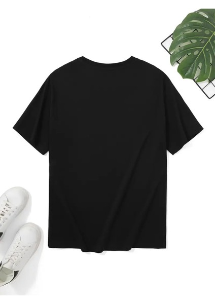 Baskılı Oversize Bisiklet Yaka T-Shirt - Siyah modelleri