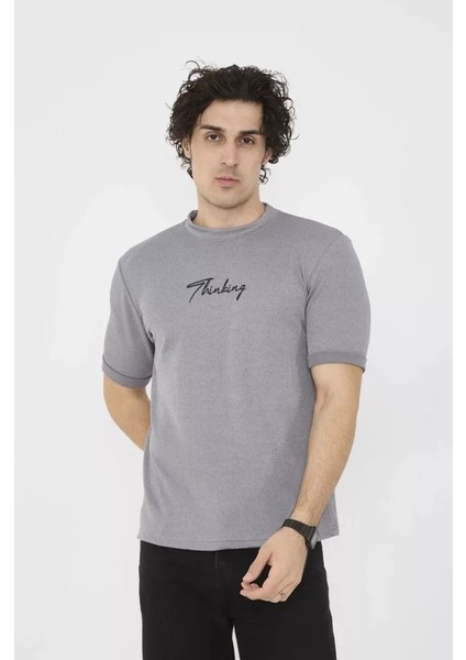 Unisex Bisiklet Yaka Slim Fit T-Shirt- Gri