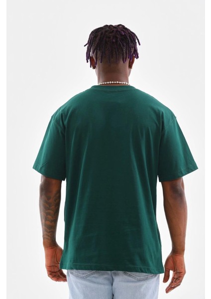 Unisex Oversize Düz Bisiklet Yaka T-Shirt - Koyu Yeşili fırsatları