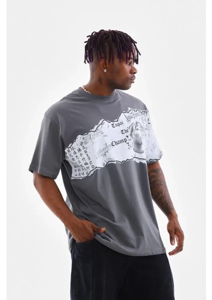 Unisex Bisiklet Yaka Baskılı Oversize T-Shirt - Gri fırsatları