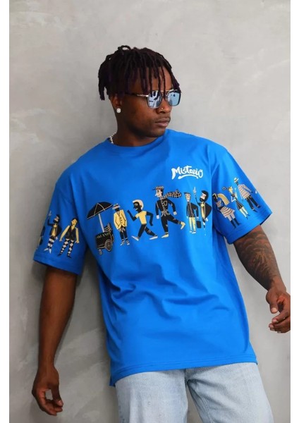Unisex Bisiklet Yaka Baskılı Oversize T-Shirt - Mavi