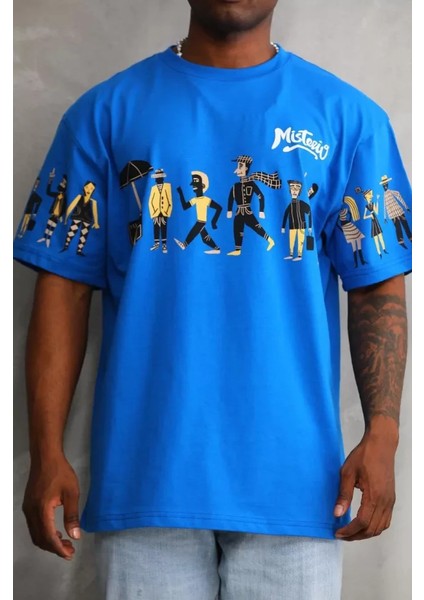 Unisex Bisiklet Yaka Baskılı Oversize T-Shirt - Mavi fiyatları