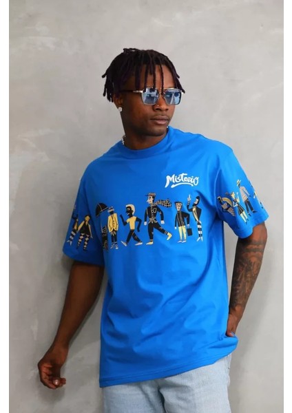 Unisex Bisiklet Yaka Baskılı Oversize T-Shirt - Mavi modelleri
