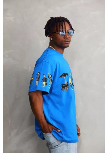 Unisex Bisiklet Yaka Baskılı Oversize T-Shirt - Mavi fırsatları