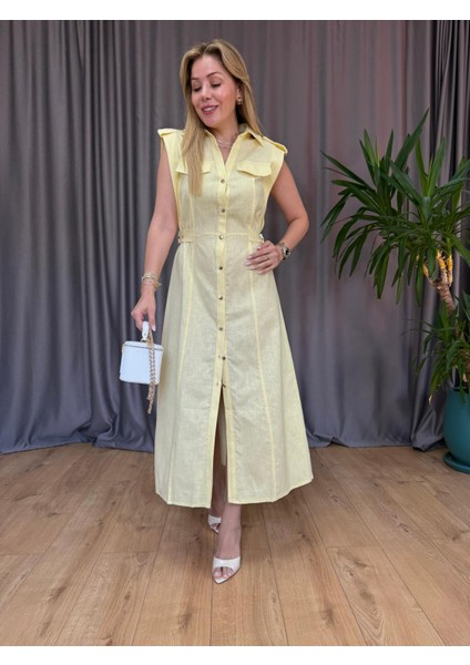 Sarı Bel Detaylı Keten Elbise fiyatları