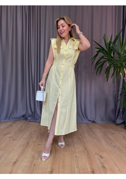 Sarı Bel Detaylı Keten Elbise modelleri