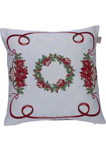 Belıeve Yılbaşı Jakarlı Dokuma Goblen Dekoratif Çelenkli Kırlent 45*45