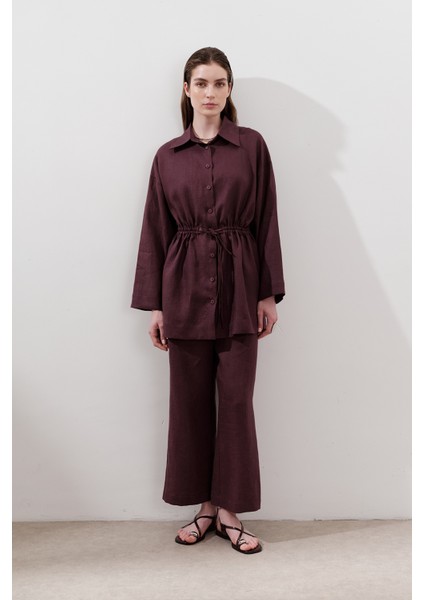 Keten Beli Bağlamalı Tunik Mürdüm