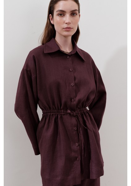 Keten Beli Bağlamalı Tunik Mürdüm