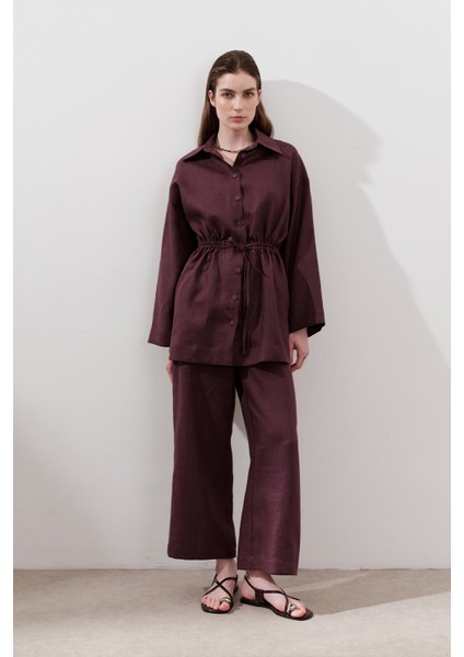 Keten Beli Bağlamalı Tunik Mürdüm