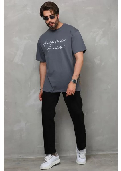 Unisex Bisiklet Yaka Baskılı Oversize T-Shirt - Füme