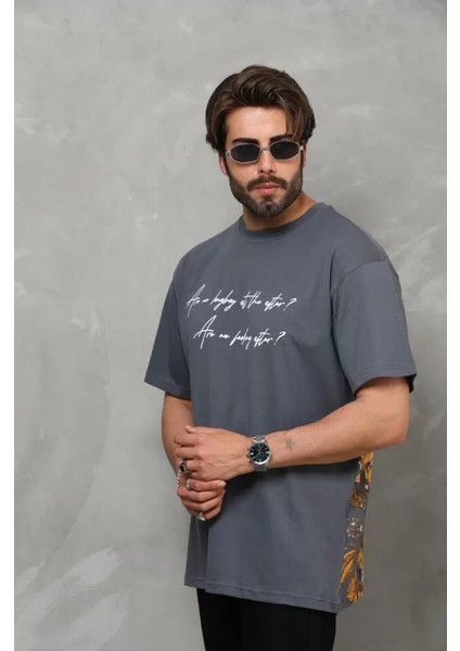 Unisex Bisiklet Yaka Baskılı Oversize T-Shirt - Füme fiyatları