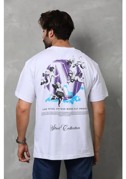 Unisex Bisiklet Yaka Baskılı Oversize T-Shirt - Beyaz fiyatları