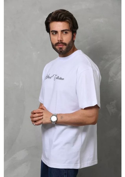 Unisex Bisiklet Yaka Baskılı Oversize T-Shirt - Beyaz modelleri