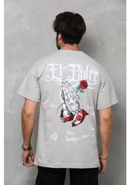 Unisex Bisiklet Yaka Baskılı Oversize T-Shirt - Gri modelleri