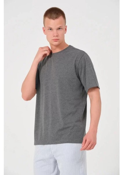 Unisex Düz Biskilet Yaka Oversize T-Shirt - Füme