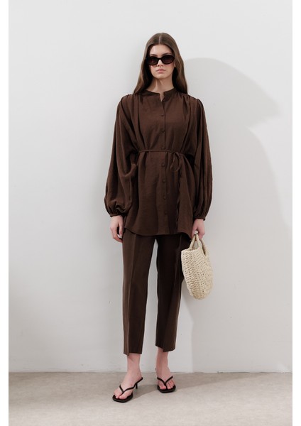 Tencel Büzgülü Tunik Kahverengi