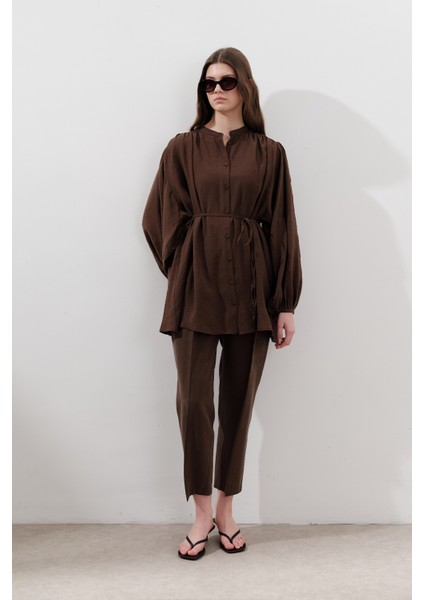 Tencel Büzgülü Tunik Kahverengi modelleri