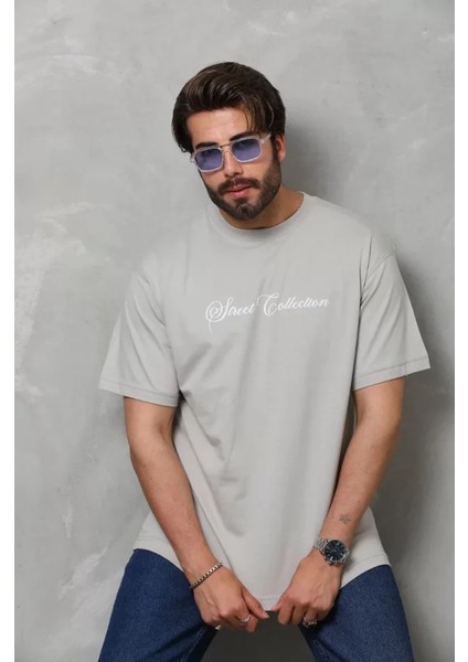 Unisex Bisiklet Yaka Baskılı Oversize T-Shirt - Gri fırsatları