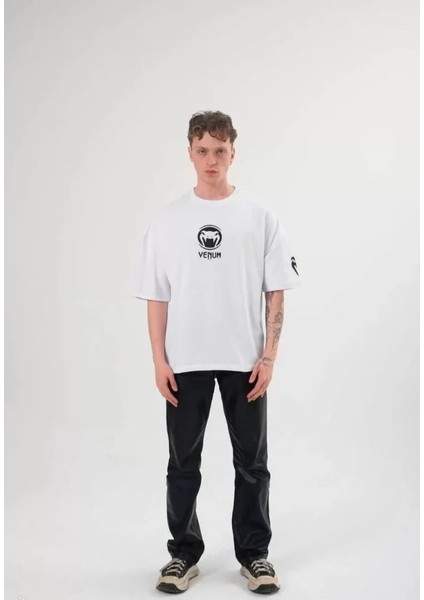Unisex Bisiklet Yaka Baskılı Oversize T-Shirt - Beyaz fiyatları