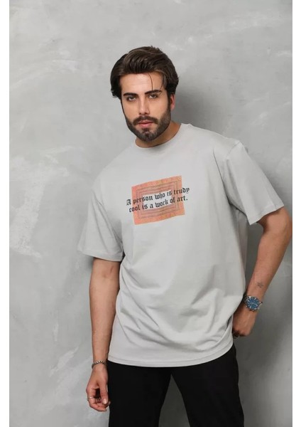 Unisex Bisiklet Yaka Baskılı Oversize T-Shirt - Gri