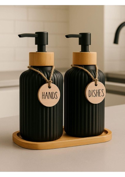 2’li Hands Dishes Siyah Dekoratif Mutfak Banyo Sıvı Cam Sabunluk Seti 500ML Bambu Stantlı Set