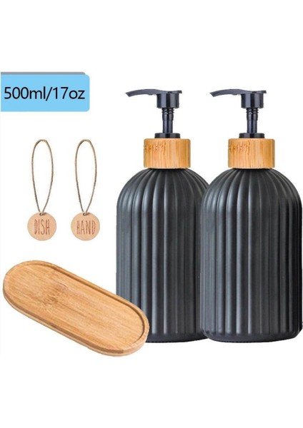 2’li Hands Dishes Siyah Dekoratif Mutfak Banyo Sıvı Cam Sabunluk Seti 500ML Bambu Stantlı Set