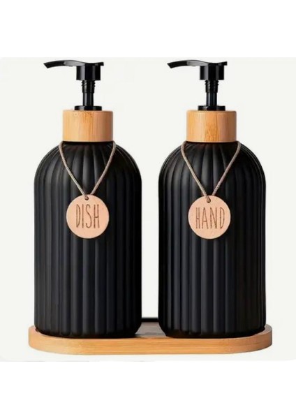 2’li Hands Dishes Siyah Dekoratif Mutfak Banyo Sıvı Cam Sabunluk Seti 500ML Bambu Stantlı Set