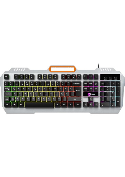 KB123 USB Kablolu Oyuncu Klavye - Rainbow Efektli, Mekanik Hisli Sessiz, Membran Gaming Türkçe Q Klavye Metalik Gri